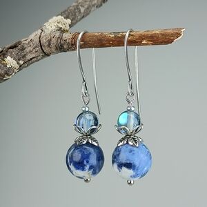 HAND CRAFTED Sodalite Blue Glass Silver Dangle Earrings